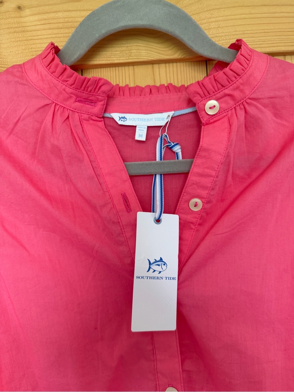 Southern Tide Coral Pink Ruffle-Neck Button Popover - Picture 2 of 6